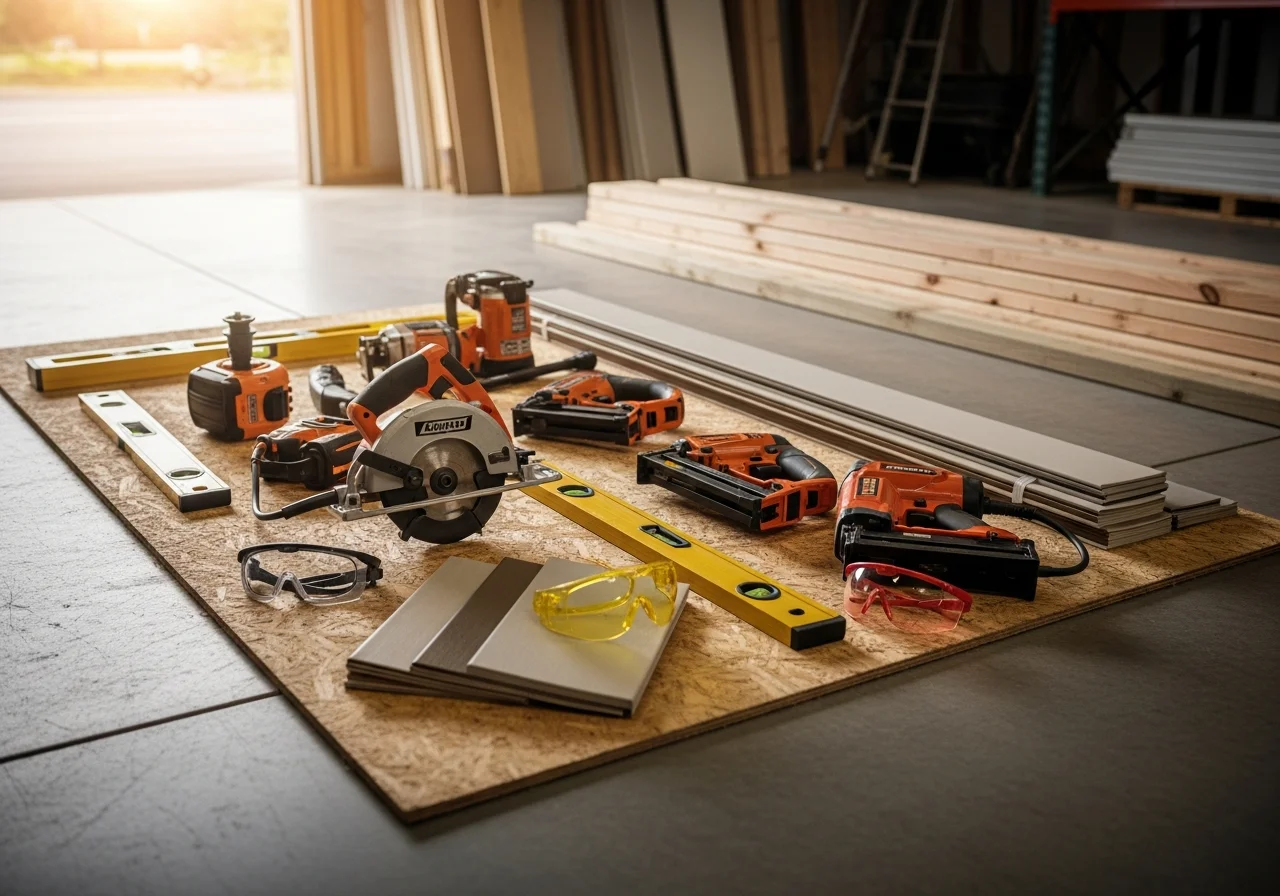 Construction crew tools and equipment staged on a job site, ready for residential exterior work.