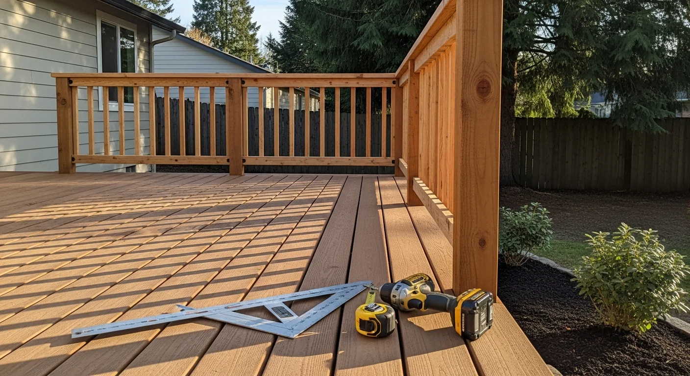 Carpenter installing wooden deck on residential home