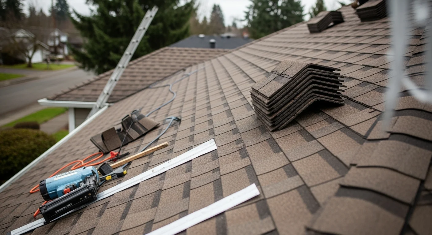 Roofer installing new residential roof shingles