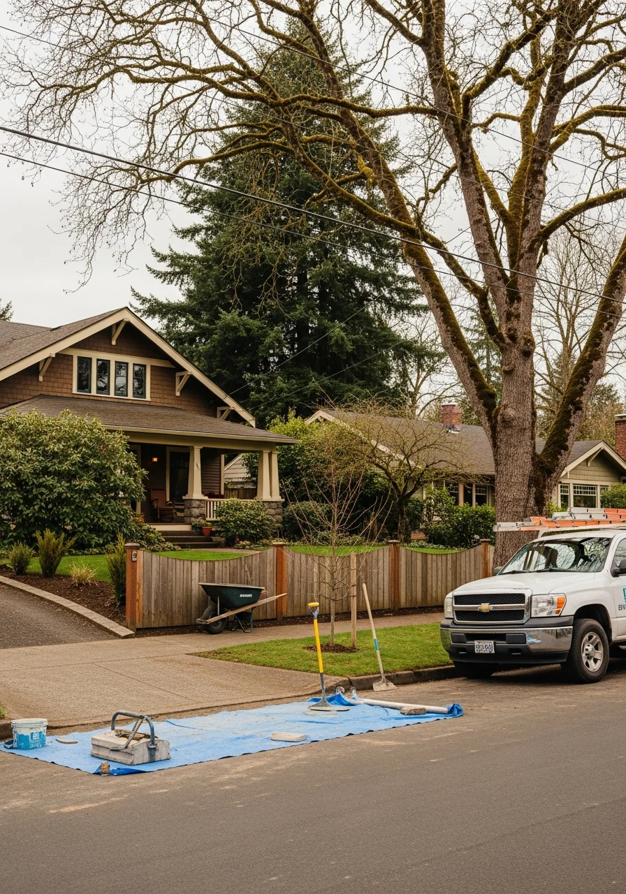 Eugene homeowner and service professional on property with neighborhood setting visible.
