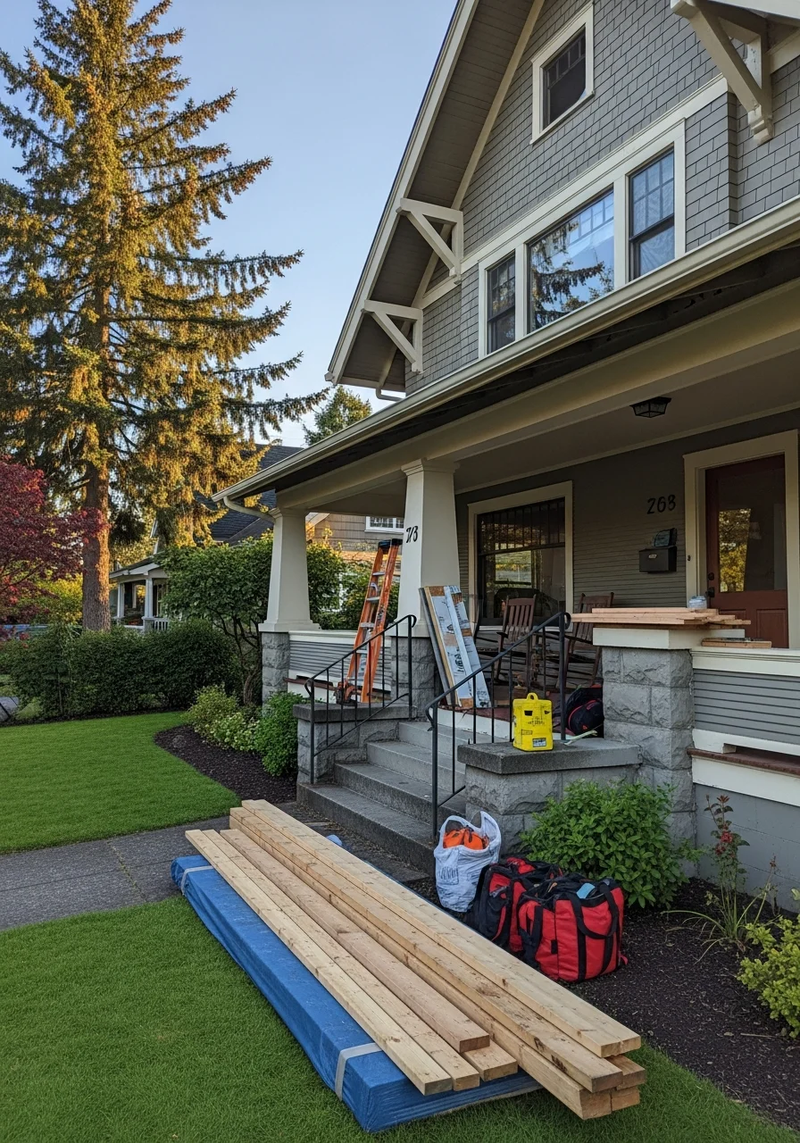 Close-up of Salem homeowner and service professional discussing property work on a front porch.