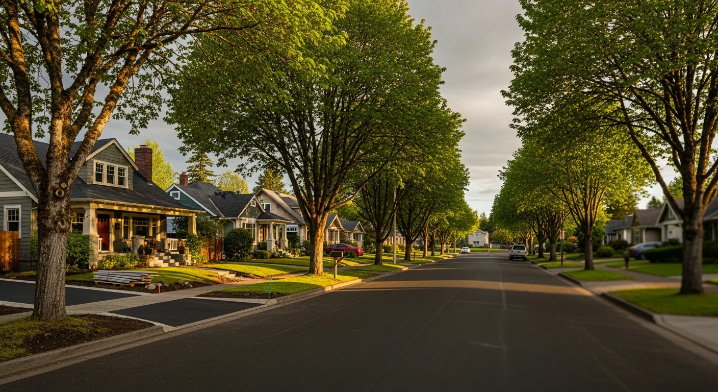 Wide view of Salem residential street with mature trees and mixed-era homes typical of the capital city.