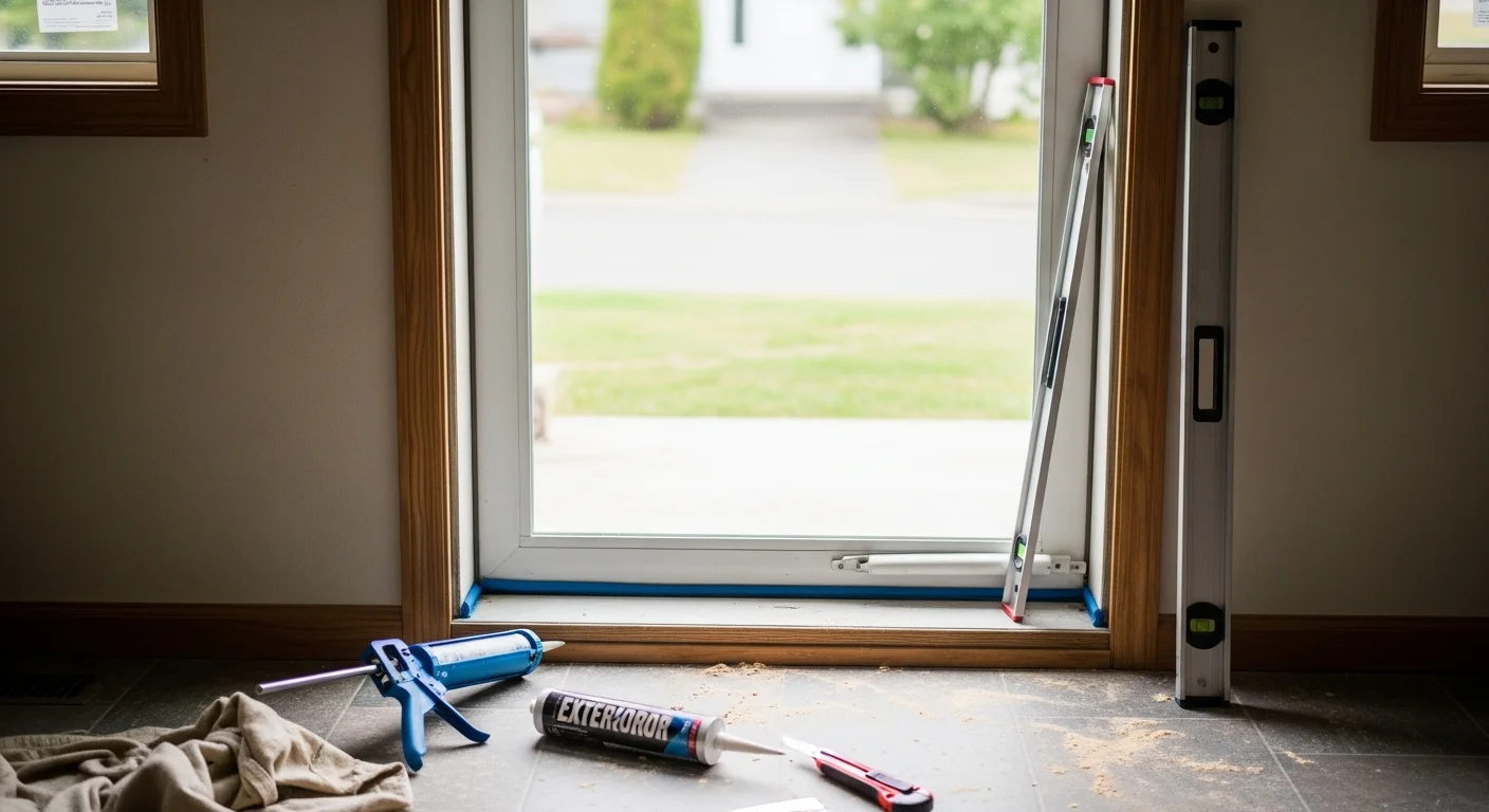 A newly installed exterior entry door on a Salem, Oregon residential home, showing clean trim, aligned hardware, and a weatherstripped frame ready for wet Pacific Northwest winters. A carpenter from Blue Collar Construction NW checks the door swing and latch alignment on a single-family home in Salem.