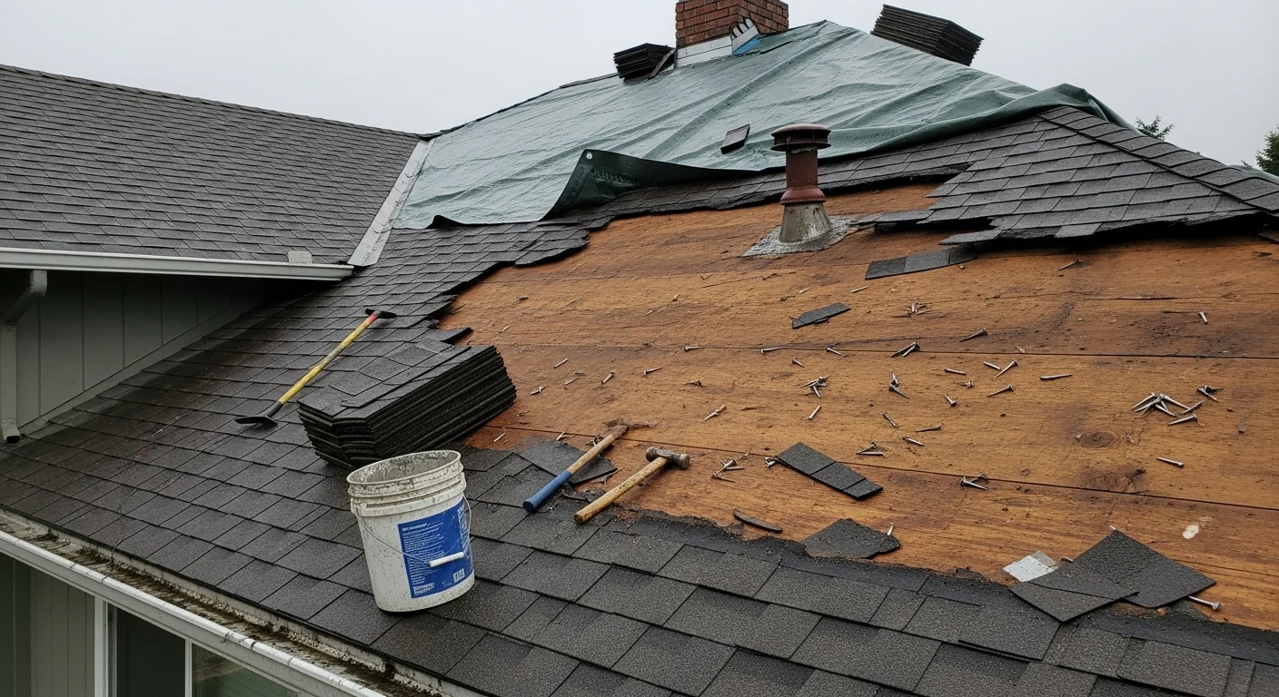 A Salem, Oregon residential roof with storm-damaged shingles being repaired by a Blue Collar Construction NW crew member. Close-up view shows exposed decking and new flashing being secured along a roof valley after wind damage.