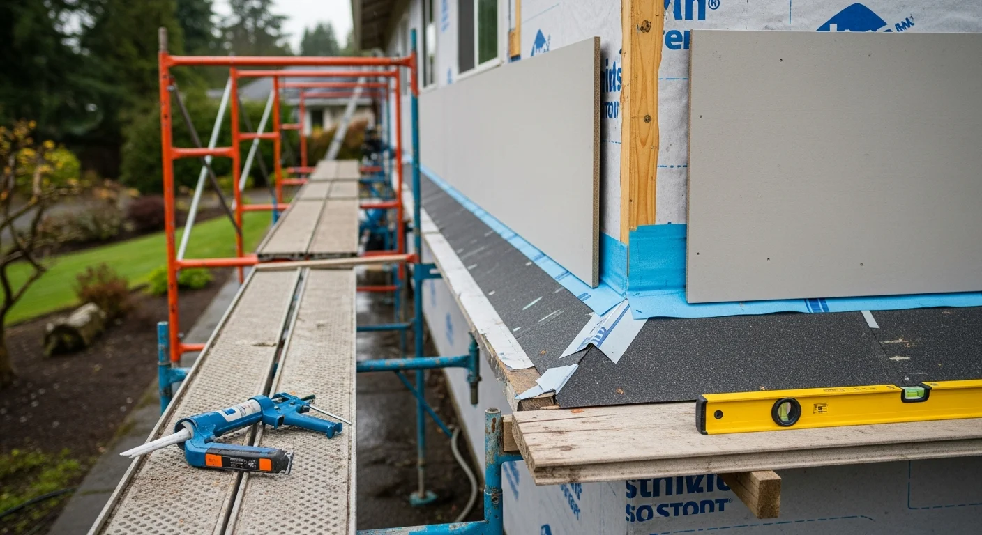 Freshly installed exterior cladding on a single-story Salem, Oregon home, showing clean panel lines and new flashing at window corners. The completed wall exterior reflects a tight, weather-ready finish suited to the wet Willamette Valley climate.