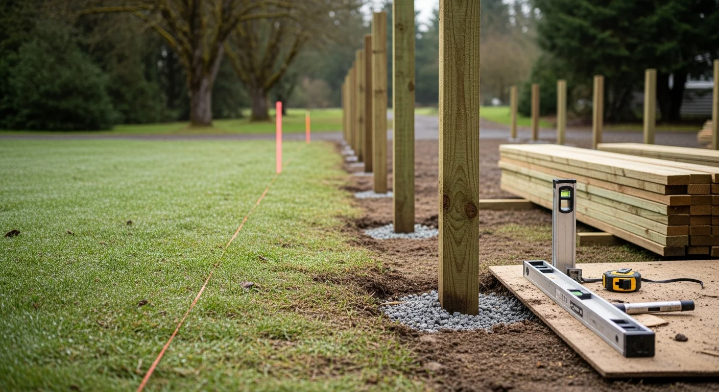 A newly installed wood privacy fence along the backyard property line of a residential home in Salem, Oregon. The fence posts are set straight and level with a latching gate visible at the yard entry.