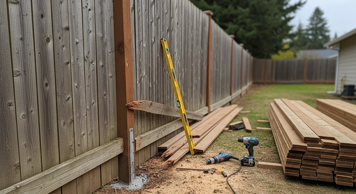 A repaired wood privacy fence along the backyard of a Salem, Oregon residential property, with freshly set posts and replaced boards standing plumb and level. The surrounding yard shows typical Willamette Valley landscaping with green grass and overcast sky.