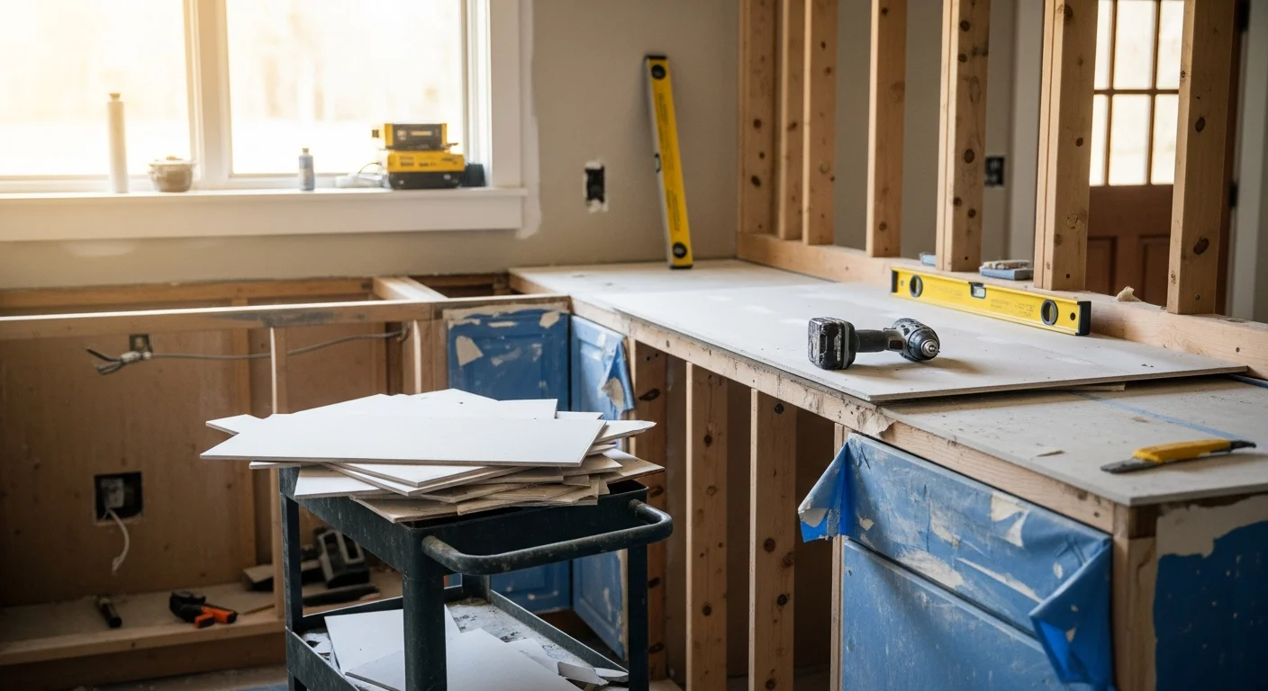 A remodeled kitchen interior inside a Salem, Oregon home, showing updated cabinetry, new countertops, and fresh flooring completed by Blue Collar Construction NW. The space reflects a full interior renovation typical of mid-century Salem residential properties.