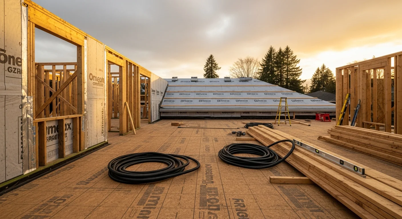 A newly framed residential home under construction on a Salem, Oregon lot, showing wood framing, roof trusses, and a concrete foundation. A Blue Collar Construction NW crew works on-site under overcast Willamette Valley skies.