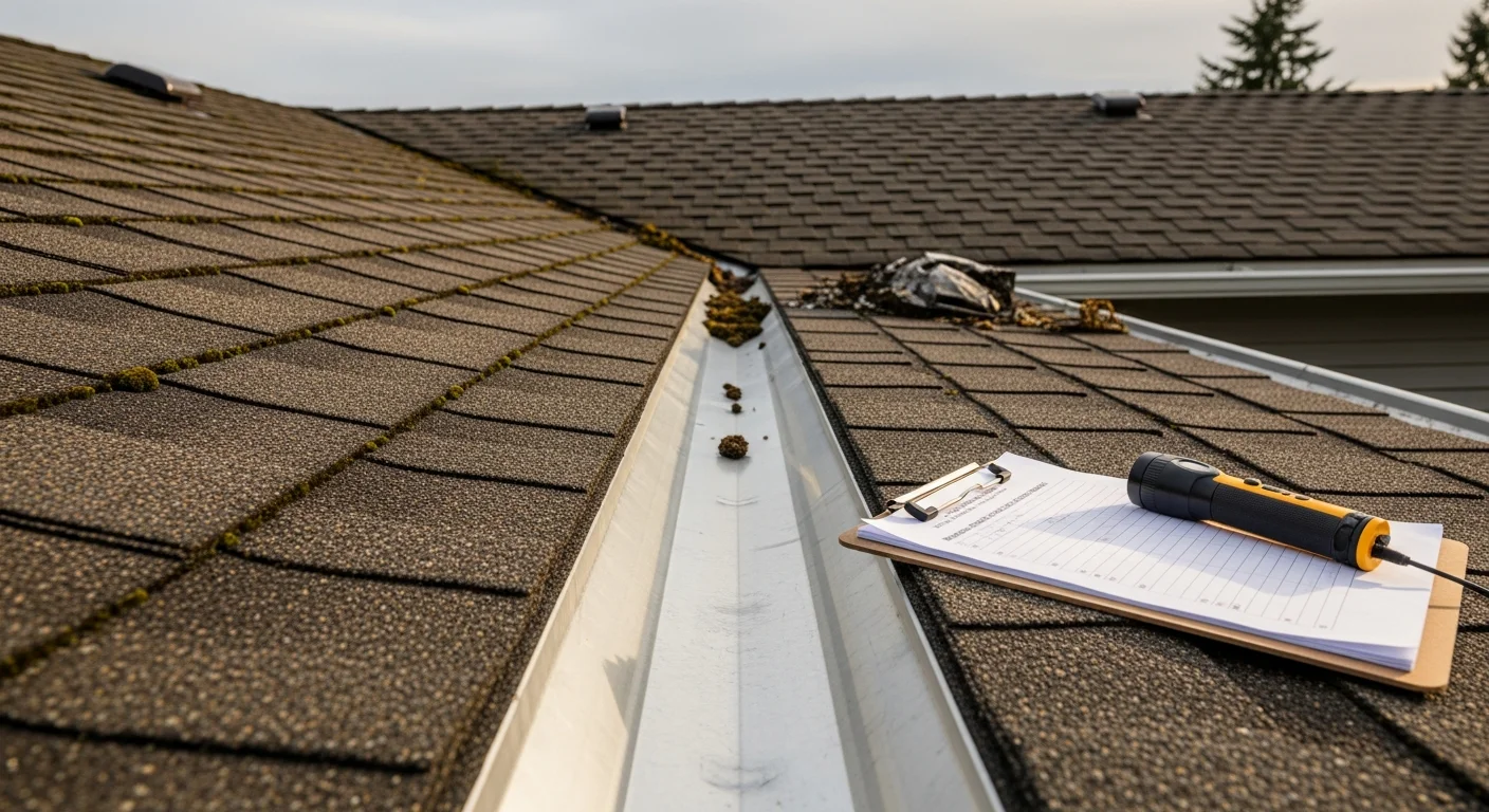 A roofing contractor from Blue Collar Construction NW inspecting shingles and flashing on a residential roof in Salem, Oregon. The image shows a close-up view of the roof surface with visible moss growth on the north-facing slope, typical of homes in the Willamette Valley.