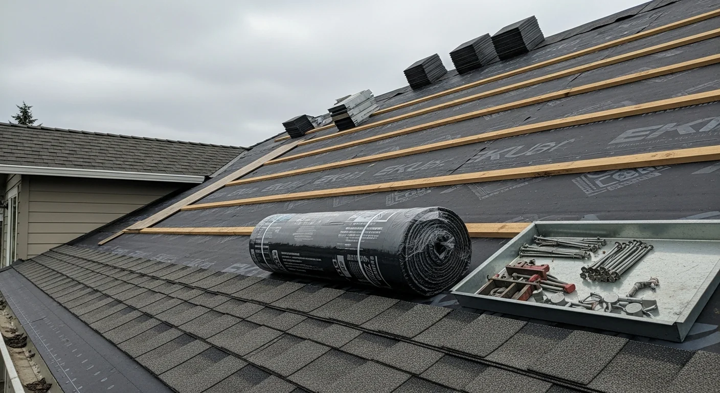 A newly installed residential roof on a Salem, Oregon home, showing clean roofing lines and fresh materials against a Pacific Northwest sky. A Blue Collar Construction NW crew works on the installation with surrounding Willamette Valley tree coverage visible in the background.
