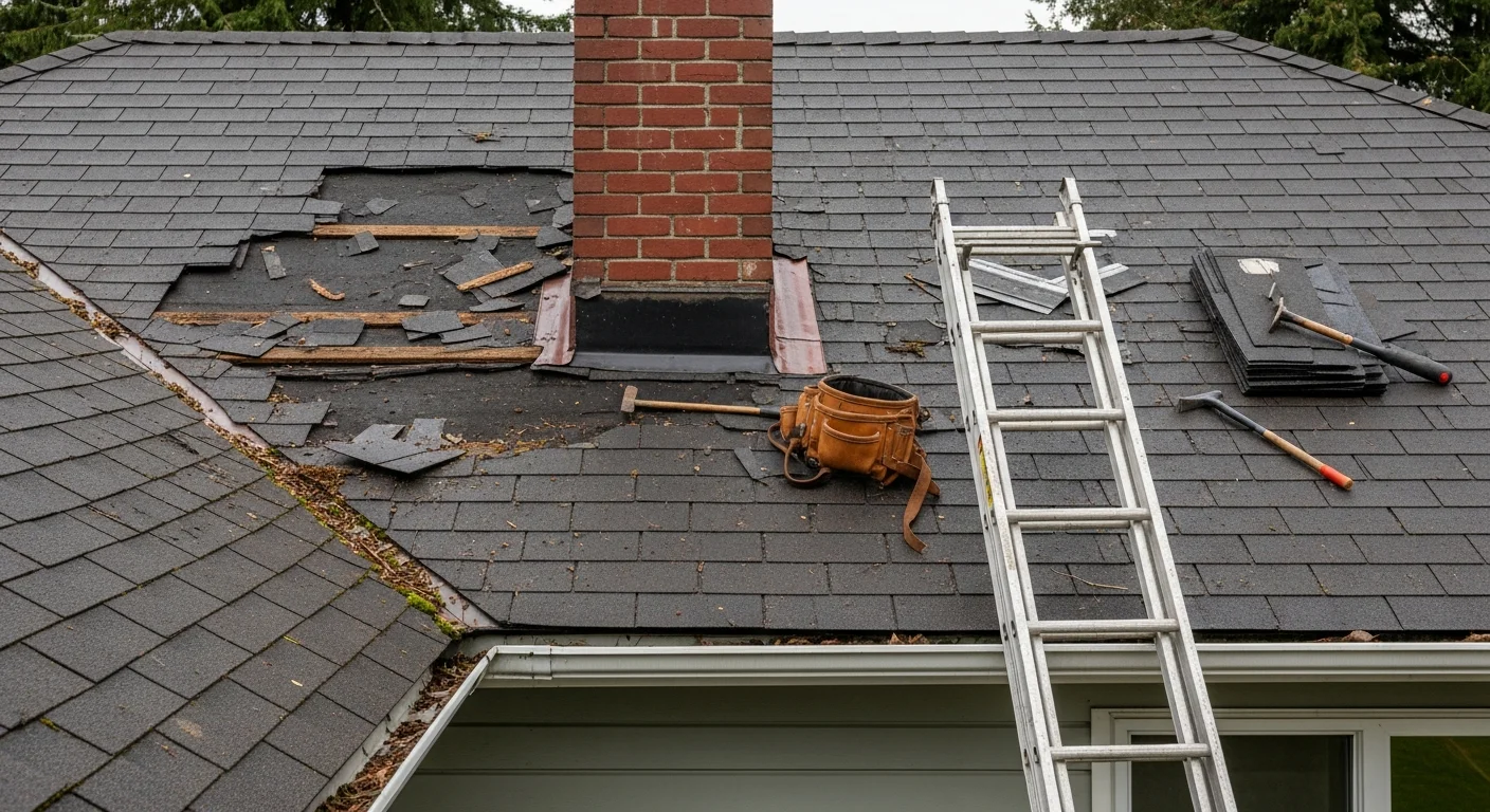A Salem, Oregon residential rooftop after repair work, showing replaced shingles and resealed flashing around a chimney. The surrounding Willamette Valley treeline is visible in the background under overcast Pacific Northwest skies.