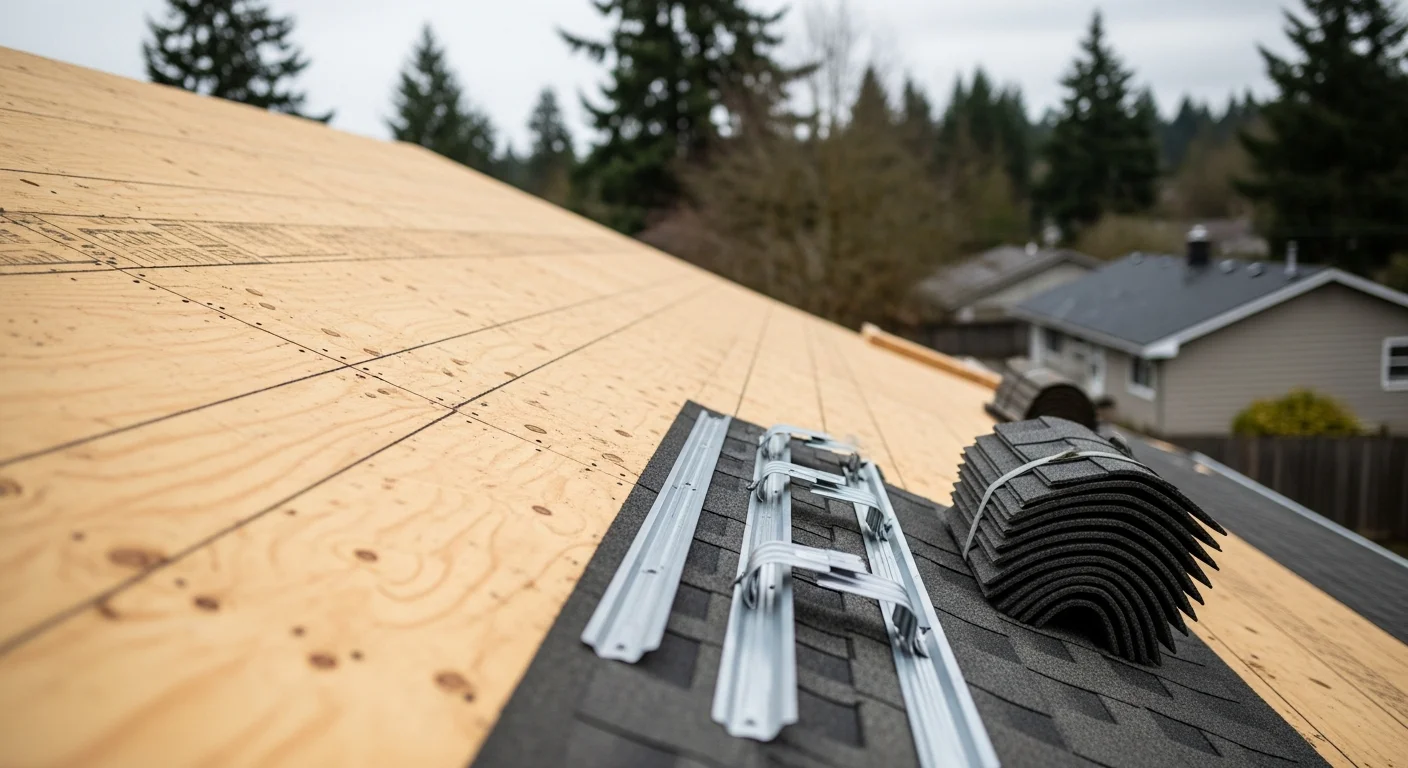 A completed residential roof replacement on a Salem, Oregon home showing new shingles, clean ridge lines, and finished flashing along the edges. The surrounding Willamette Valley landscape is visible in the background.