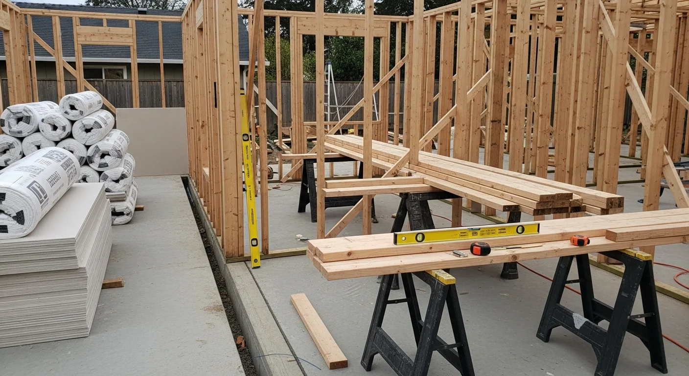 A newly completed room addition on a single-story Salem, Oregon home, showing a framed and sided exterior wall that matches the existing house. The addition includes a window and trim details consistent with the original structure.