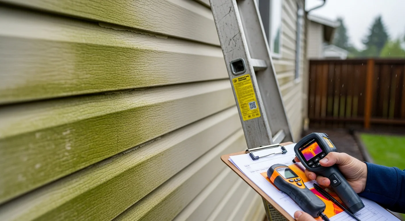 A Blue Collar Construction NW contractor inspecting exterior siding panels on a Salem, Oregon home, checking seams and trim edges for moisture damage and warping. Close-up view of a siding inspection in progress on a residential property in the Willamette Valley.