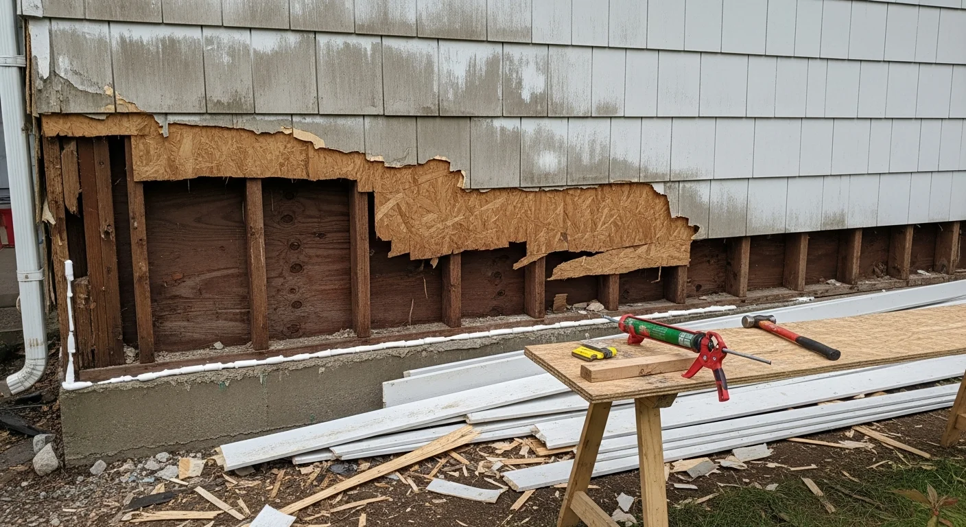 A Salem, Oregon home exterior showing freshly repaired siding panels along the lower wall section, with new material blended into the surrounding weathered siding. A contractor inspects the repaired area near the foundation line on a cloudy Willamette Valley day.