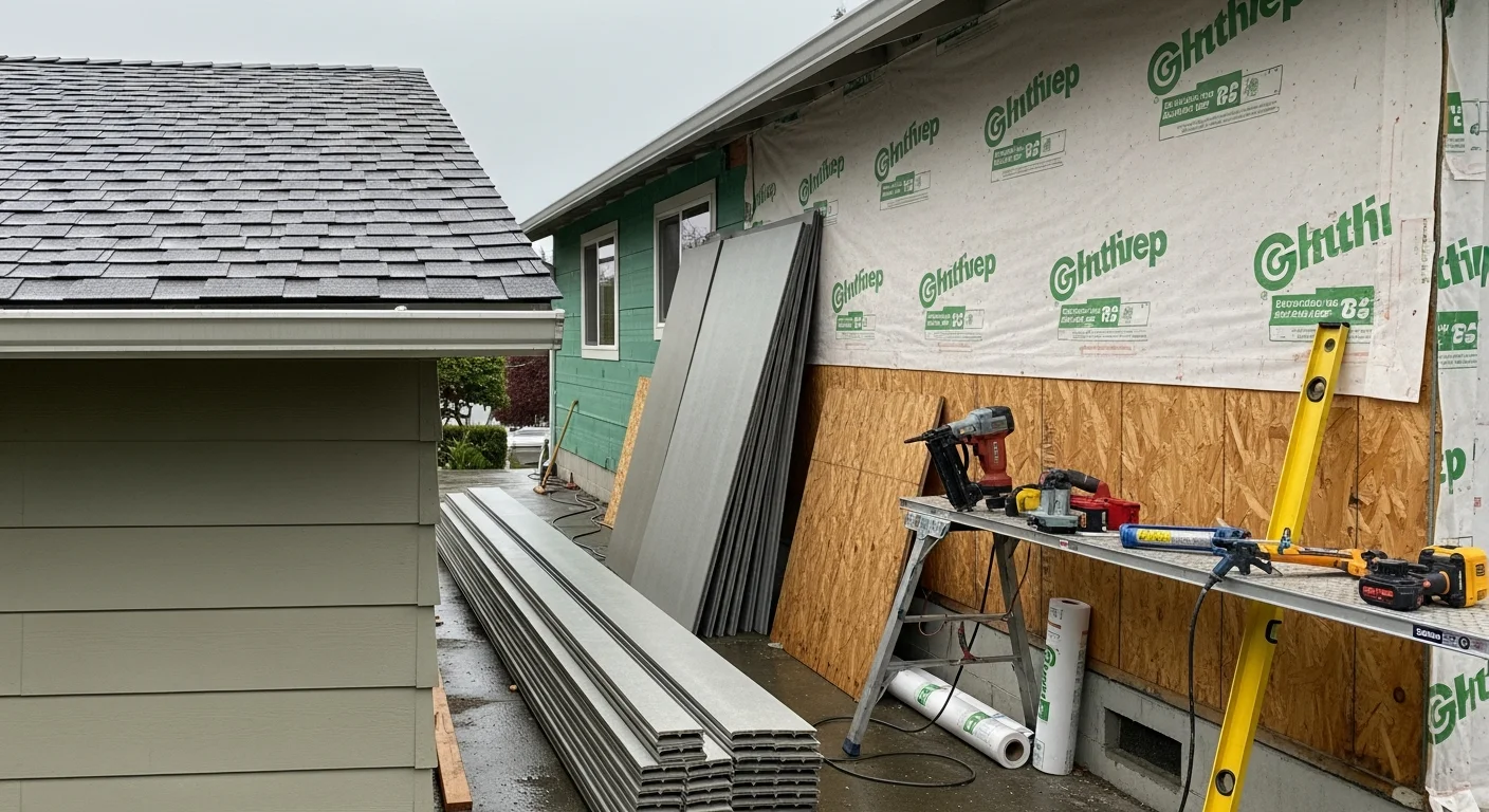A Salem, Oregon home with newly installed exterior siding, showing clean panel lines and fresh trim against a typical overcast Willamette Valley sky. The completed replacement covers the full front and side walls, with no visible gaps, staining, or warped sections.