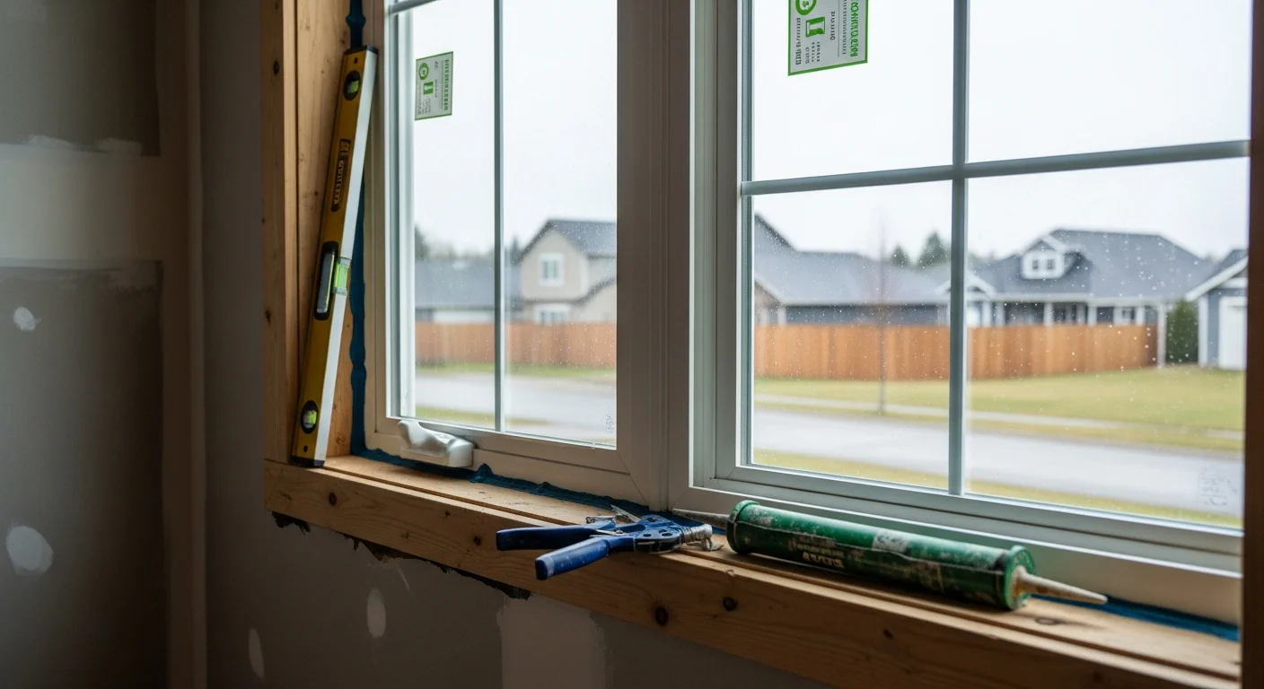 A carpenter installing a new window into a wood-framed opening on a single-story Salem, Oregon home. The exterior trim and flashing are visible around the window opening during installation.